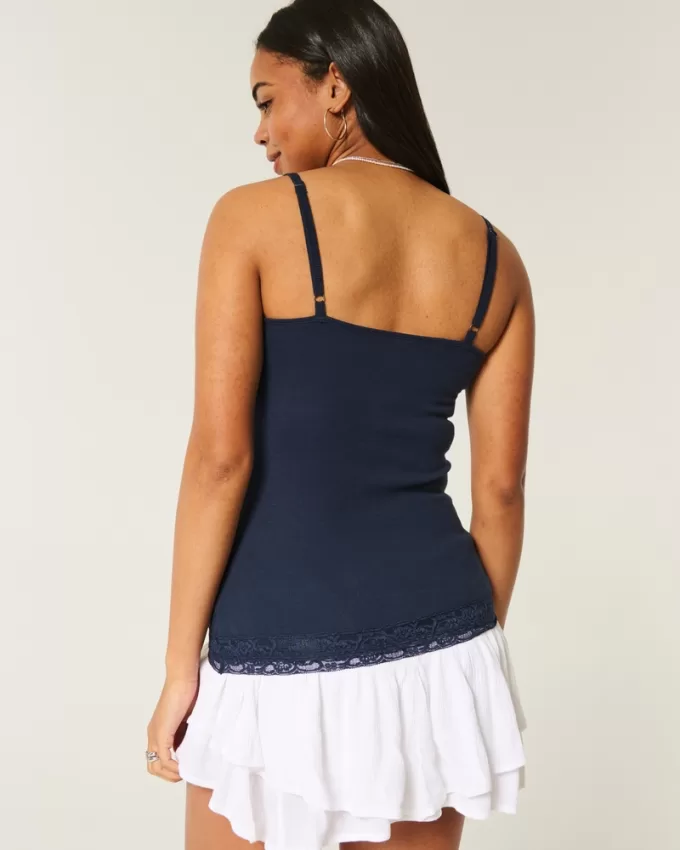 Ribbed Lace Trim Cami,Ribbed Lace Trim Cami