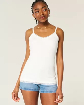 Ribbed Lace Trim Cami,Ribbed Lace Trim Cami