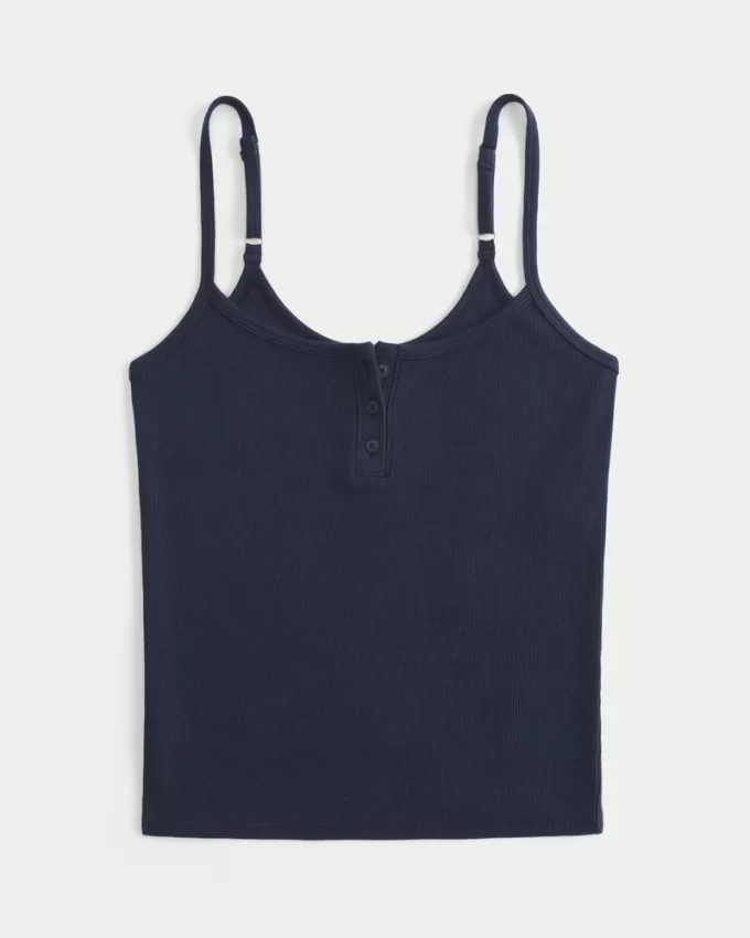 Ribbed Notch Henley Cami,Ribbed Notch Henley Cami