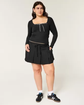 Ribbed Seamless Fabric Lace Trim Square-Neck Top,Ribbed Seamless Fabric Lace Trim Square-Neck Top