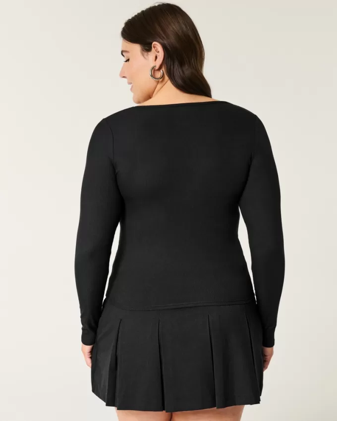 Ribbed Seamless Fabric Lace Trim Square-Neck Top,Ribbed Seamless Fabric Lace Trim Square-Neck Top