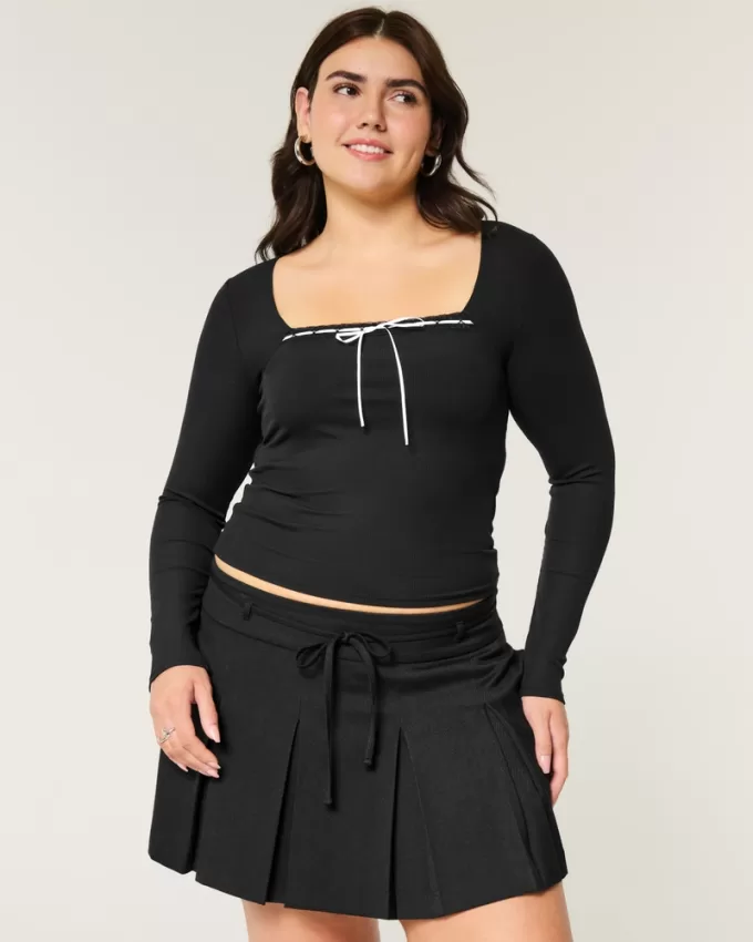 Ribbed Seamless Fabric Lace Trim Square-Neck Top,Ribbed Seamless Fabric Lace Trim Square-Neck Top