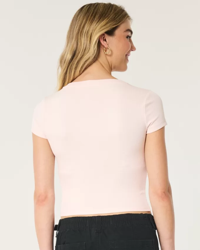 Ribbed Seamless Fabric Notch Neck Baby Tee,Ribbed Seamless Fabric Notch Neck Baby Tee