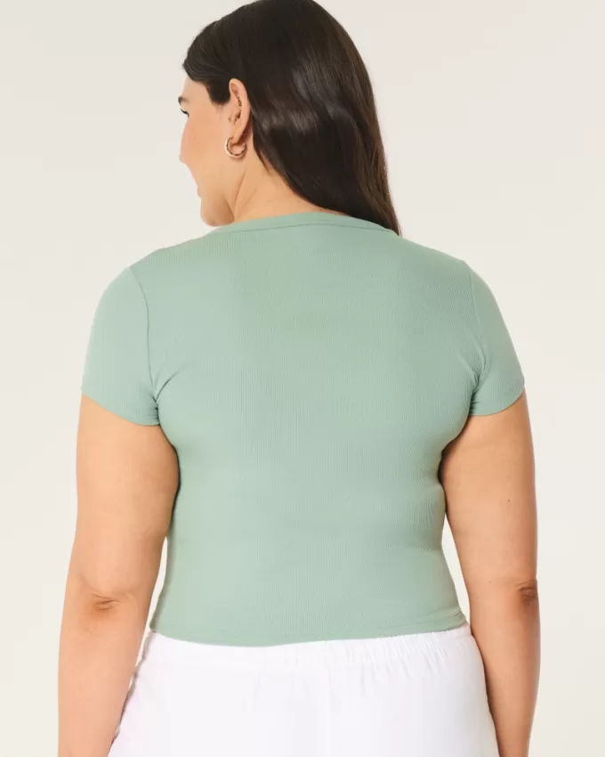 Ribbed Seamless Fabric Notch Neck Baby Tee,Ribbed Seamless Fabric Notch Neck Baby Tee