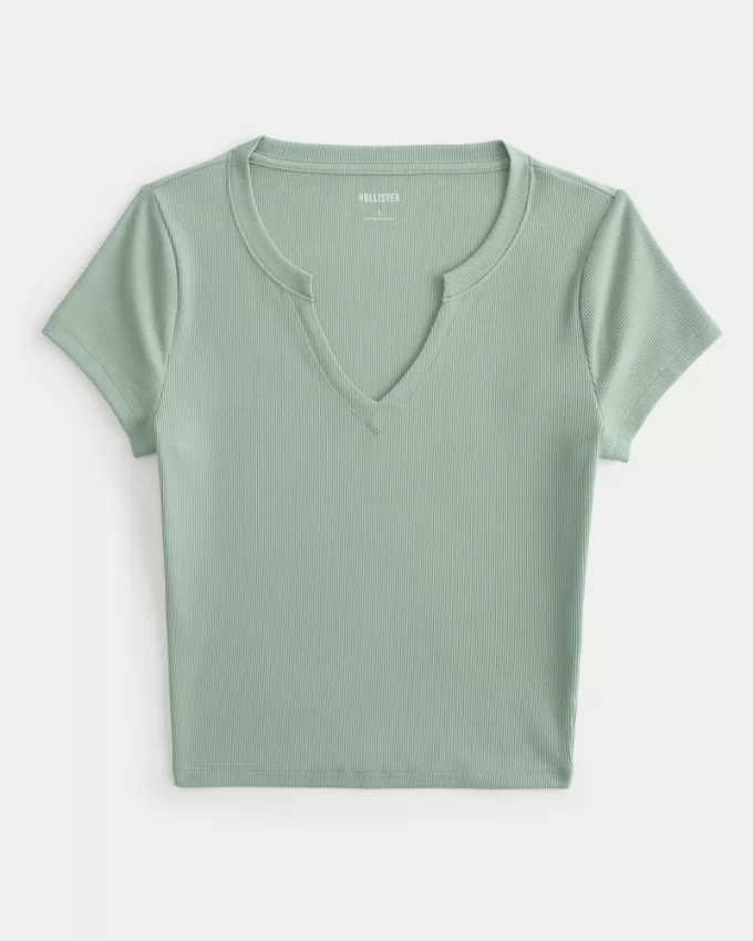 Ribbed Seamless Fabric Notch Neck Baby Tee,Ribbed Seamless Fabric Notch Neck Baby Tee