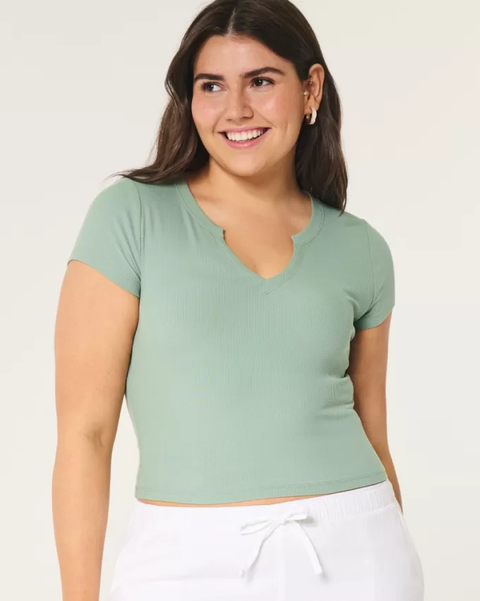 Ribbed Seamless Fabric Notch Neck Baby Tee,Ribbed Seamless Fabric Notch Neck Baby Tee