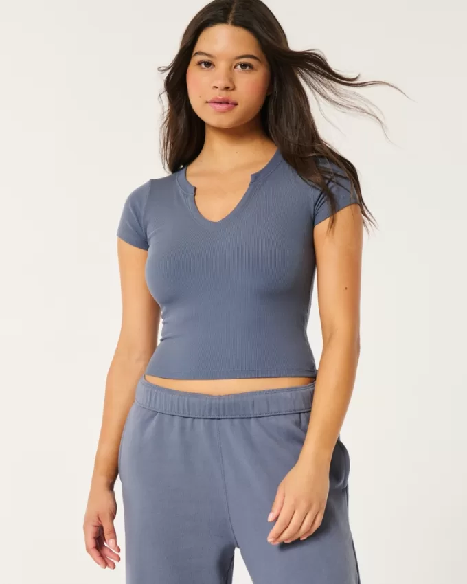 Ribbed Seamless Fabric Notch Neck Baby Tee,Ribbed Seamless Fabric Notch Neck Baby Tee