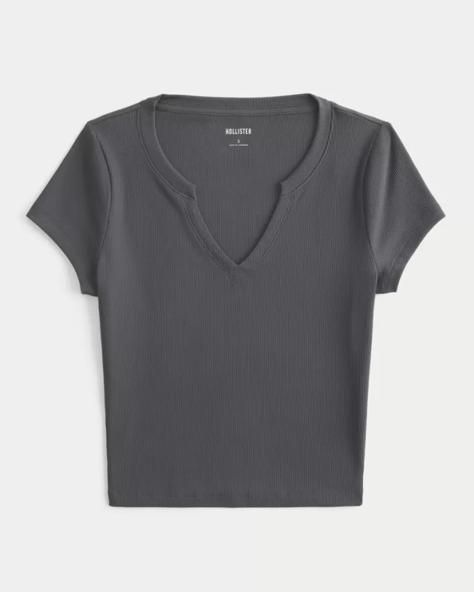 Ribbed Seamless Fabric Notch Neck Baby Tee,Ribbed Seamless Fabric Notch Neck Baby Tee