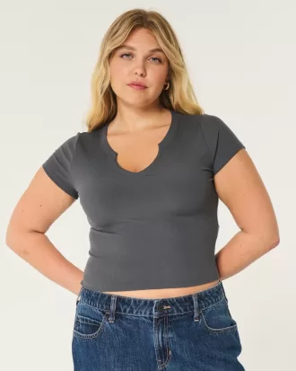 Ribbed Seamless Fabric Notch Neck Baby Tee,Ribbed Seamless Fabric Notch Neck Baby Tee