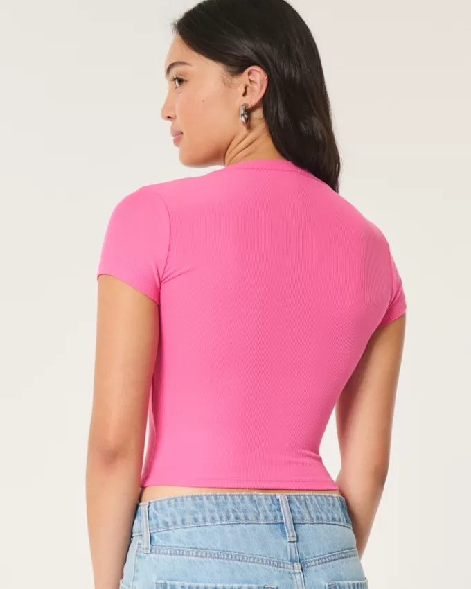 Ribbed Seamless Fabric Notch Neck Baby Tee,Ribbed Seamless Fabric Notch Neck Baby Tee