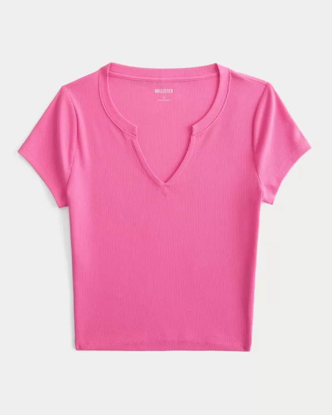 Ribbed Seamless Fabric Notch Neck Baby Tee,Ribbed Seamless Fabric Notch Neck Baby Tee