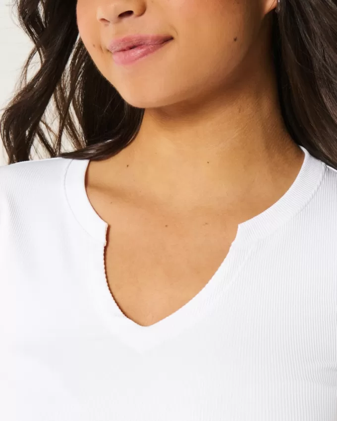 Ribbed Seamless Fabric Notch Neck Baby Tee,Ribbed Seamless Fabric Notch Neck Baby Tee