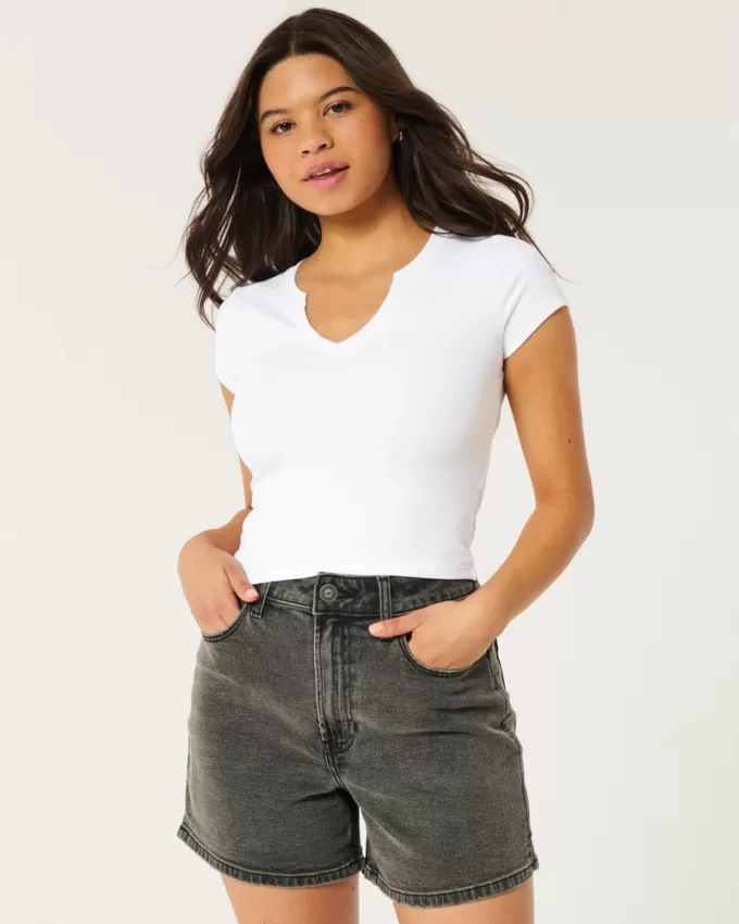 Ribbed Seamless Fabric Notch Neck Baby Tee,Ribbed Seamless Fabric Notch Neck Baby Tee