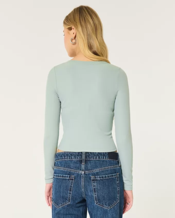 Ribbed Seamless Fabric Notch-Neck Top,Ribbed Seamless Fabric Notch-Neck Top