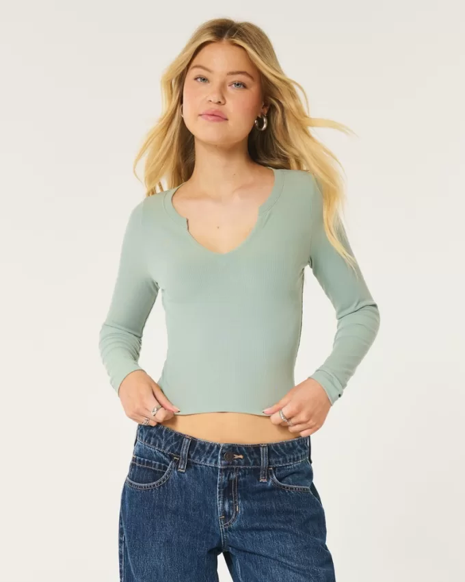 Ribbed Seamless Fabric Notch-Neck Top,Ribbed Seamless Fabric Notch-Neck Top