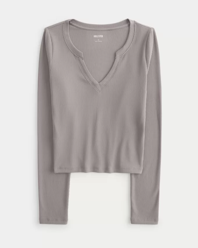 Ribbed Seamless Fabric Notch-Neck Top,Ribbed Seamless Fabric Notch-Neck Top