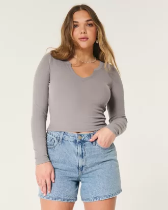 Ribbed Seamless Fabric Notch-Neck Top,Ribbed Seamless Fabric Notch-Neck Top