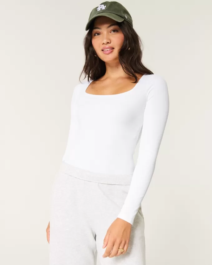 Ribbed Seamless Fabric Square-Neck Bodysuit,Ribbed Seamless Fabric Square-Neck Bodysuit