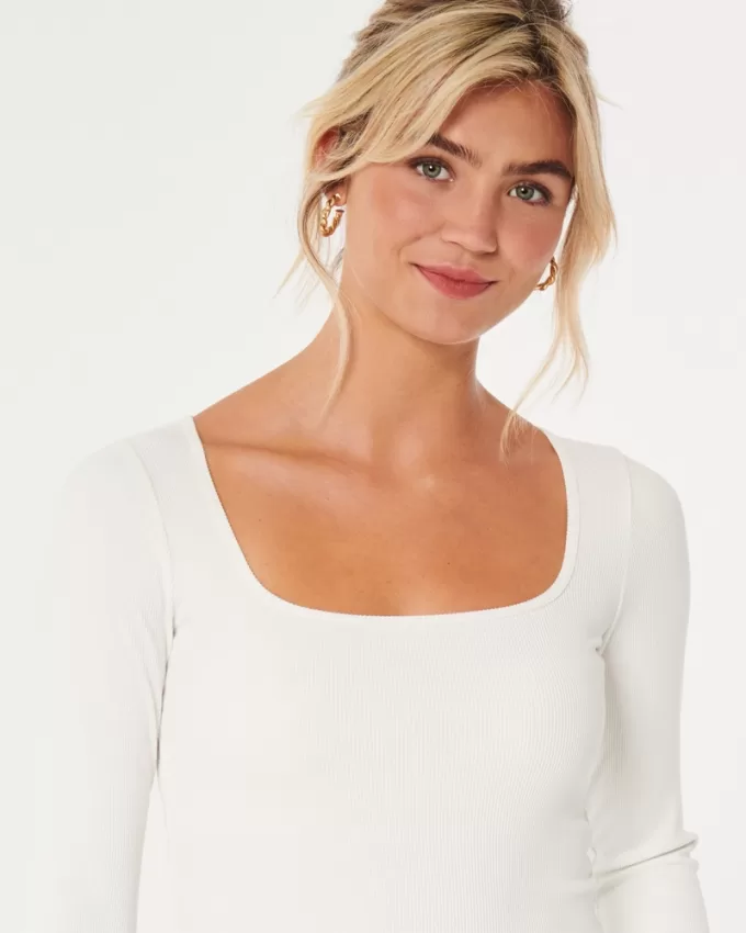 Ribbed Seamless Fabric Square-Neck Top,Ribbed Seamless Fabric Square-Neck Top