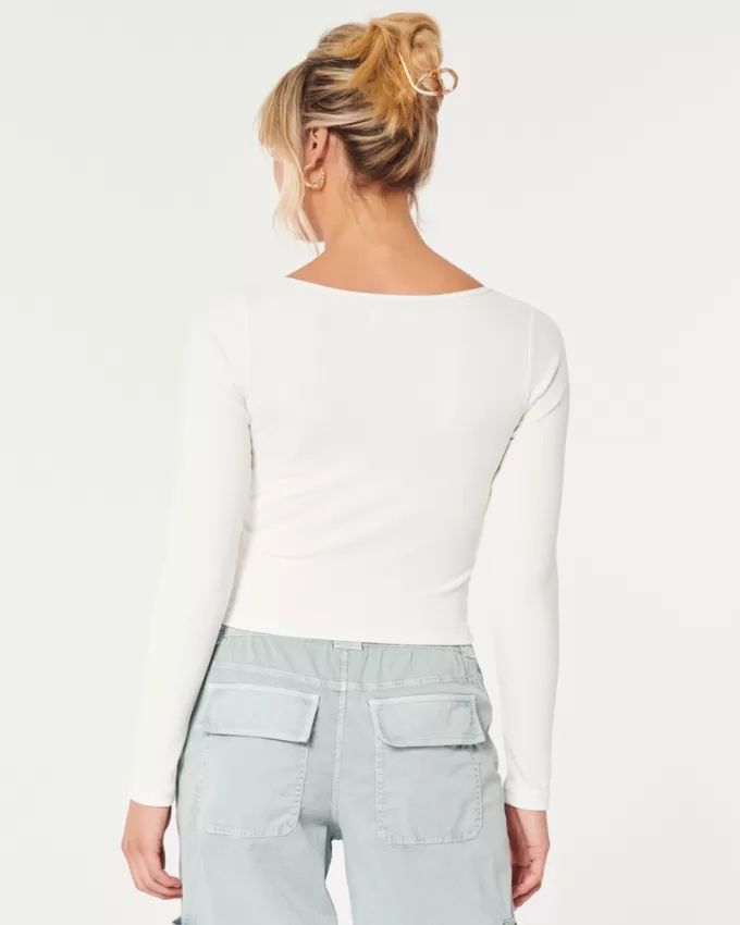 Ribbed Seamless Fabric Square-Neck Top,Ribbed Seamless Fabric Square-Neck Top