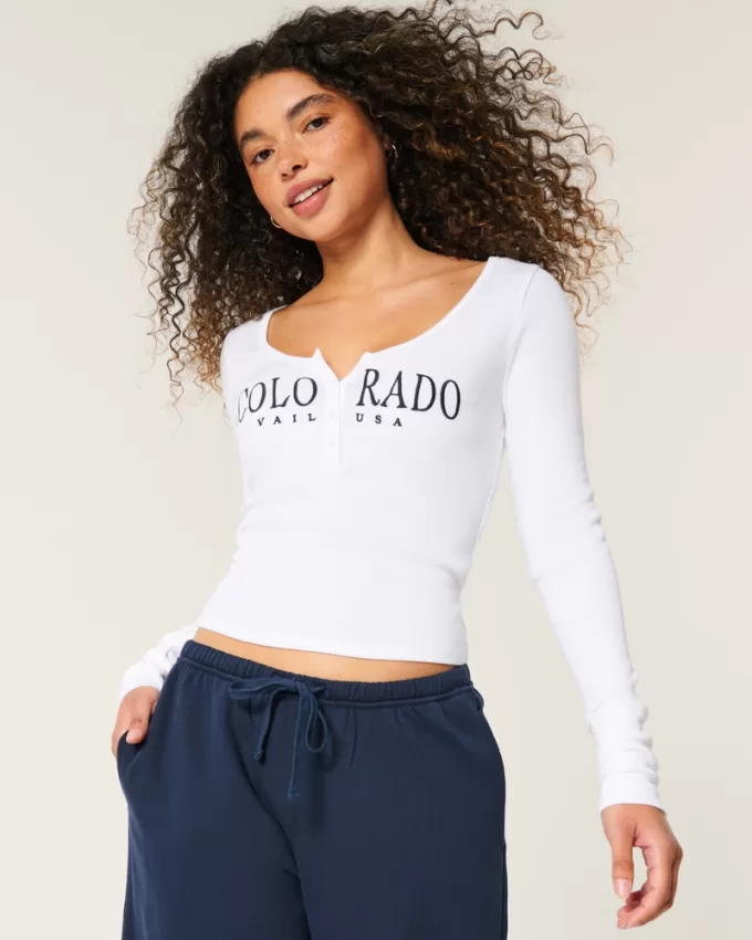 Ribbed Vail Colorado Graphic Henley,Ribbed Vail Colorado Graphic Henley