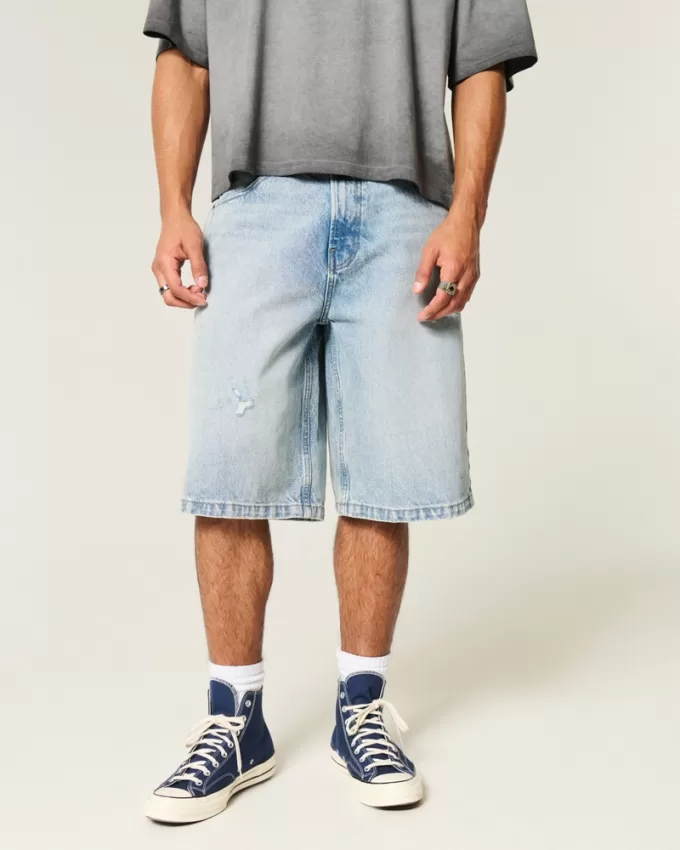 Ripped Light Wash Super Baggy Denim Shorts,Ripped Light Wash Super Baggy Denim Shorts