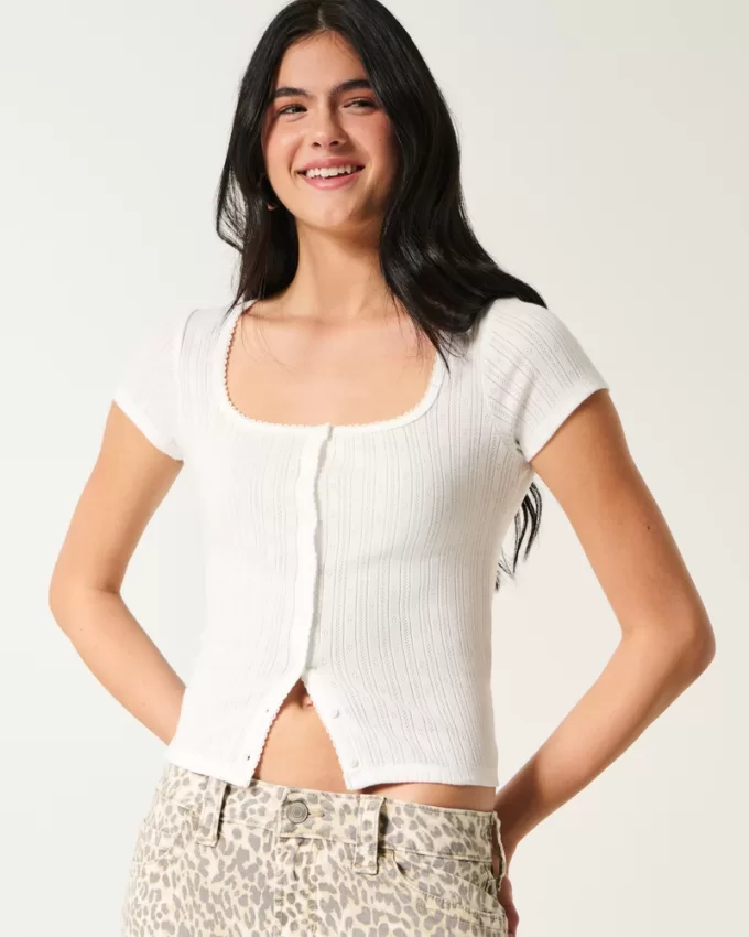 Short-Sleeve Button-Through Pointelle Top,Short-Sleeve Button-Through Pointelle Top Short-Sleeve Button-Through Pointelle Top,Short-Sleeve Button-Through Pointelle Top