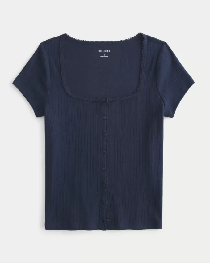 Short-Sleeve Button-Through Pointelle Top,Short-Sleeve Button-Through Pointelle Top Short-Sleeve Button-Through Pointelle Top,Short-Sleeve Button-Through Pointelle Top