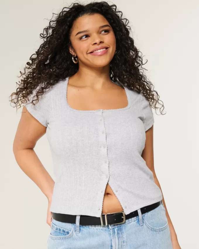 Short-Sleeve Button-Through Pointelle Top,Short-Sleeve Button-Through Pointelle Top Short-Sleeve Button-Through Pointelle Top,Short-Sleeve Button-Through Pointelle Top