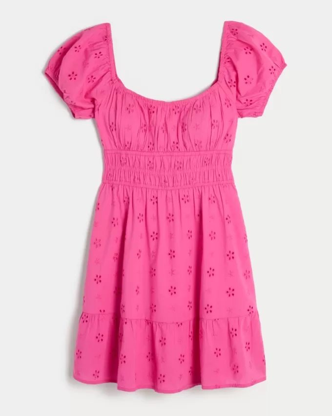 Short-Sleeve Channeled Waist Mini Dress,Short-Sleeve Channeled Waist Mini Dress