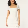 Short-Sleeve Crochet-Style Twist Back Mini Dress,Short-Sleeve Crochet-Style Twist Back Mini Dress