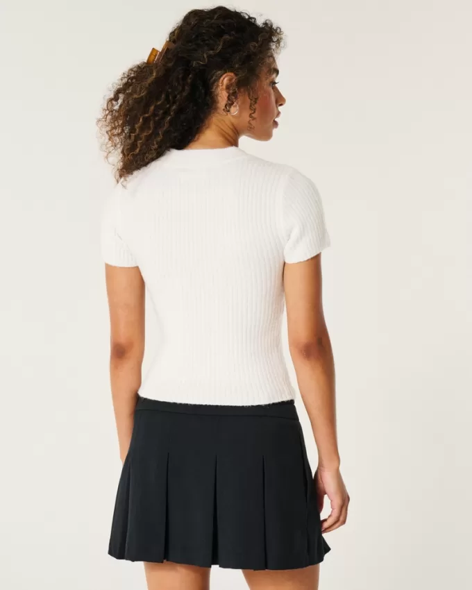 Short-Sleeve Ribbed Crew Sweater,Short-Sleeve Ribbed Crew Sweater