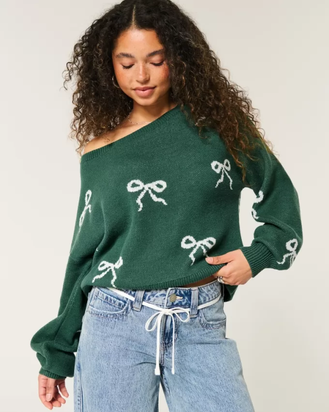 Slouchy Bow Graphic Sweater,Slouchy Bow Graphic Sweater Slouchy Bow Graphic Sweater,Slouchy Bow Graphic Sweater
