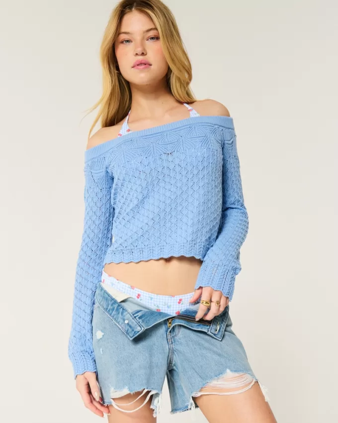 Stitchy Crochet-Style Off-the-Shoulder Sweater,Stitchy Crochet-Style Off-the-Shoulder Sweater
