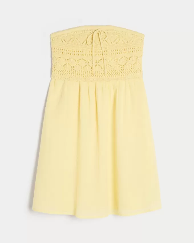 Strapless Crochet-Style Mix Mini Dress,Strapless Crochet-Style Mix Mini Dress