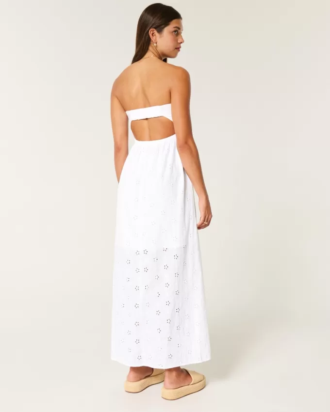 Twist Bust Eyelet Strapless Midi Dress,Twist Bust Eyelet Strapless Midi Dress