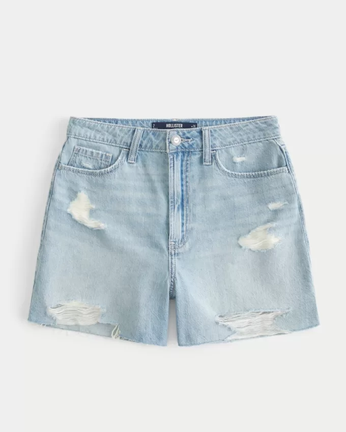 Ultra High-Rise Ripped Light Wash Denim Shorts 5″,Ultra High-Rise Ripped Light Wash Denim Shorts 5″